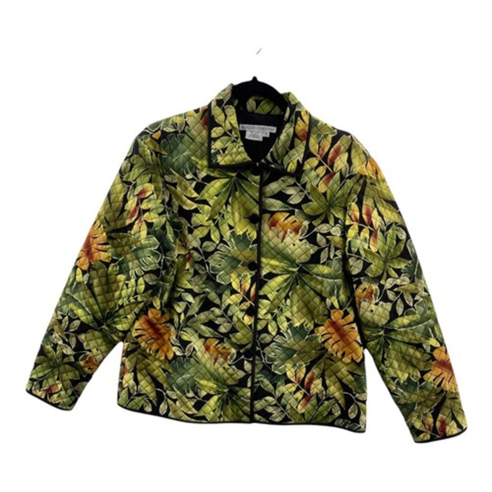 Maggy London Quilted Jacket Tropical Floral Print Button Up Coat Size 12